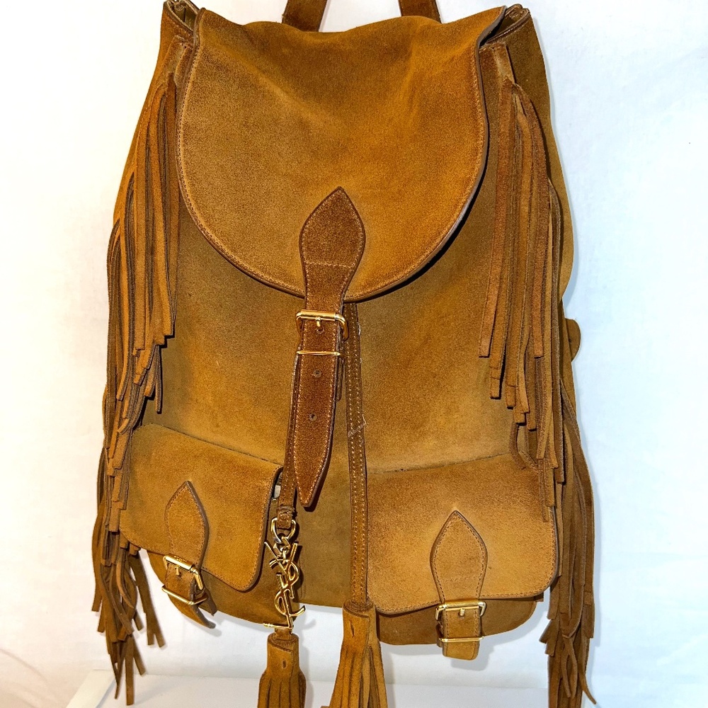 Saint Laurent Hedi Slimane Western/Cowboy Fringe Festival Backpack in Tan Suede